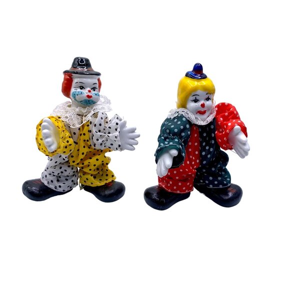Vintage Clown Figurines Porcelain Head Hands Shoes Set Of 2 Bendable Polka Dot - Picture 1 of 10